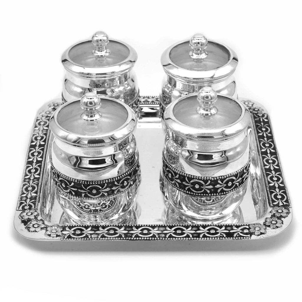 Buy 925 Sterling Silver Designer Square Tray & 4 Pieces Classic Jar Set