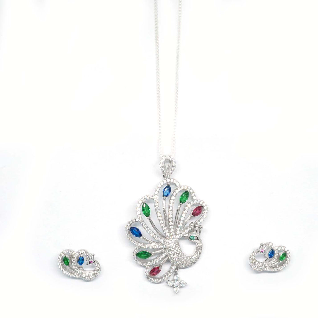 Buy Multicolour Peacock Pendant 925 Sterling Silver jewellery With earrings
