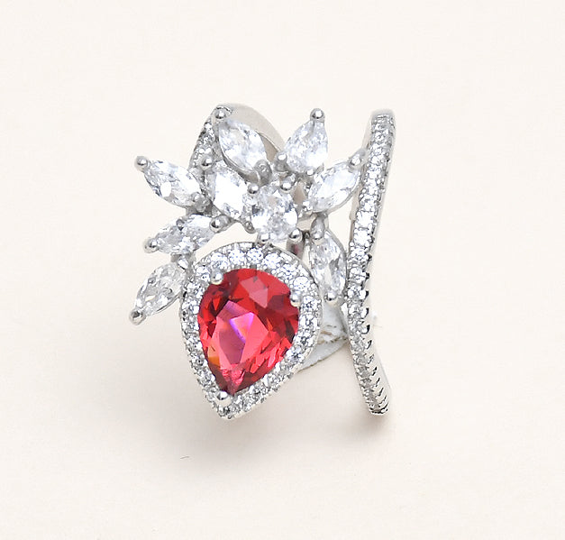 Sterling Silver Designer Synthetic Ruby & Solitaire Ring - Auriann