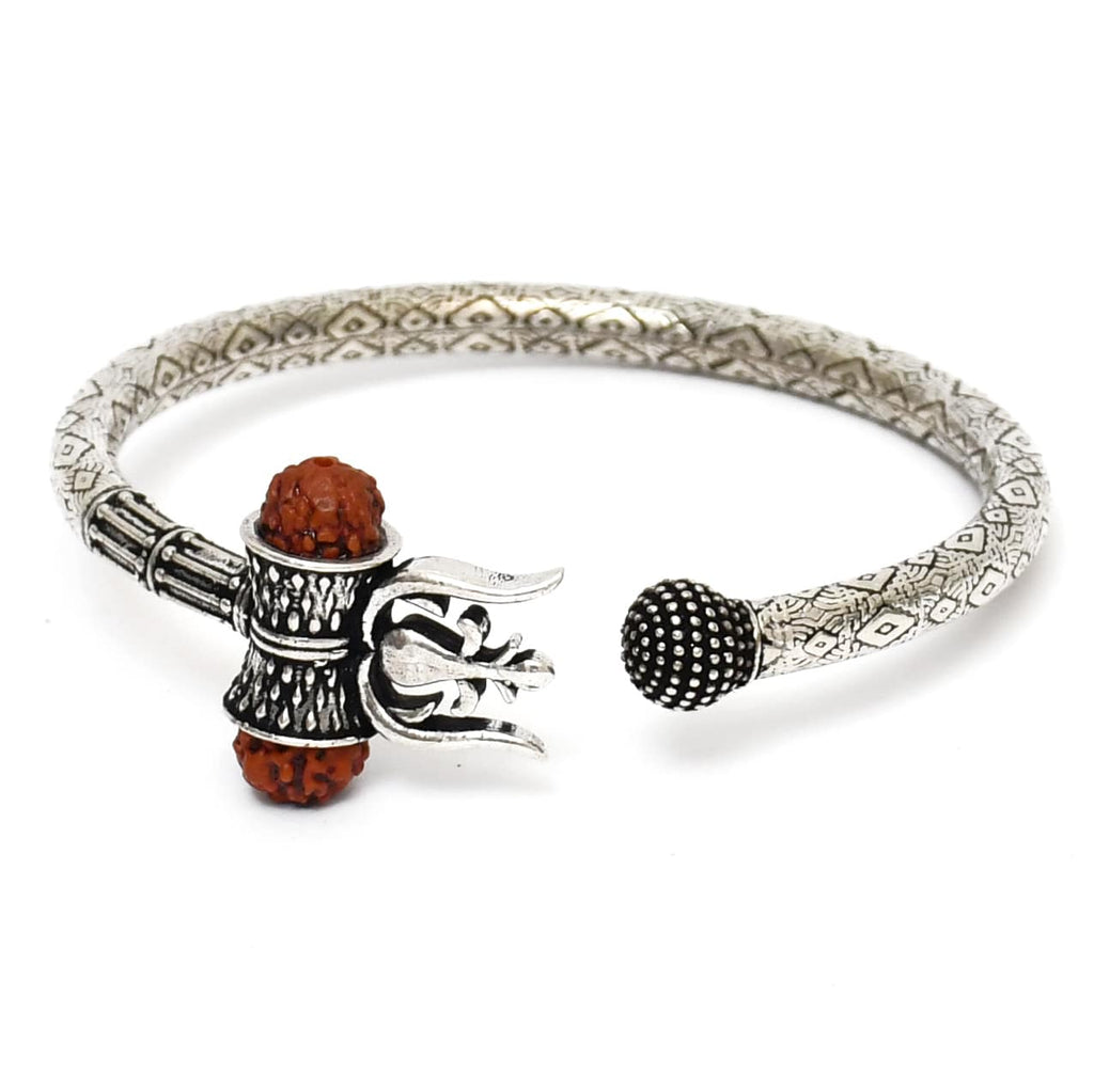 925 Sterling silver handmade chitai work Lord Shiva trident trishul kada bangle  bracelet natural Rudraksha beads customized kada nsk380 | TRIBAL ORNAMENTS