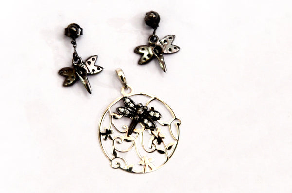 Sterling Silver Dragon Fly Pendant With Earring - Auriann