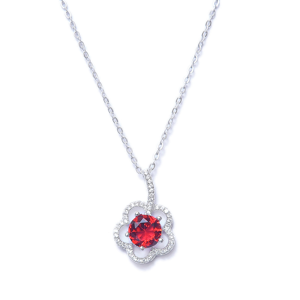 Sterling Silver Halo Flower Synthetic Ruby Pendant With Chain - Auriann